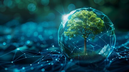 This image illustrates a lone tree inside a clear sphere with visible connection to network lines, embodying the idea of nature intertwined with futuristic technological advancements.