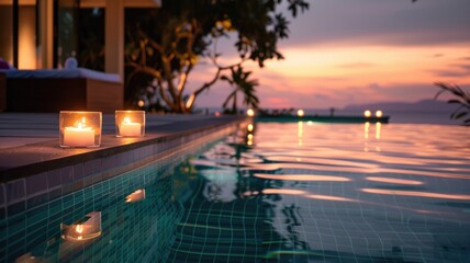 Serene poolside with candles lit at sunset, tropical setting