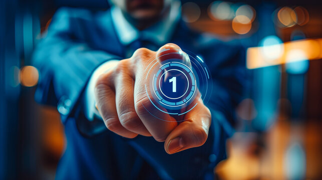 A man in a suit activates a digital interface by pressing a holographic button labeled "1", signifying a command or initialization in a modern technological setting.
