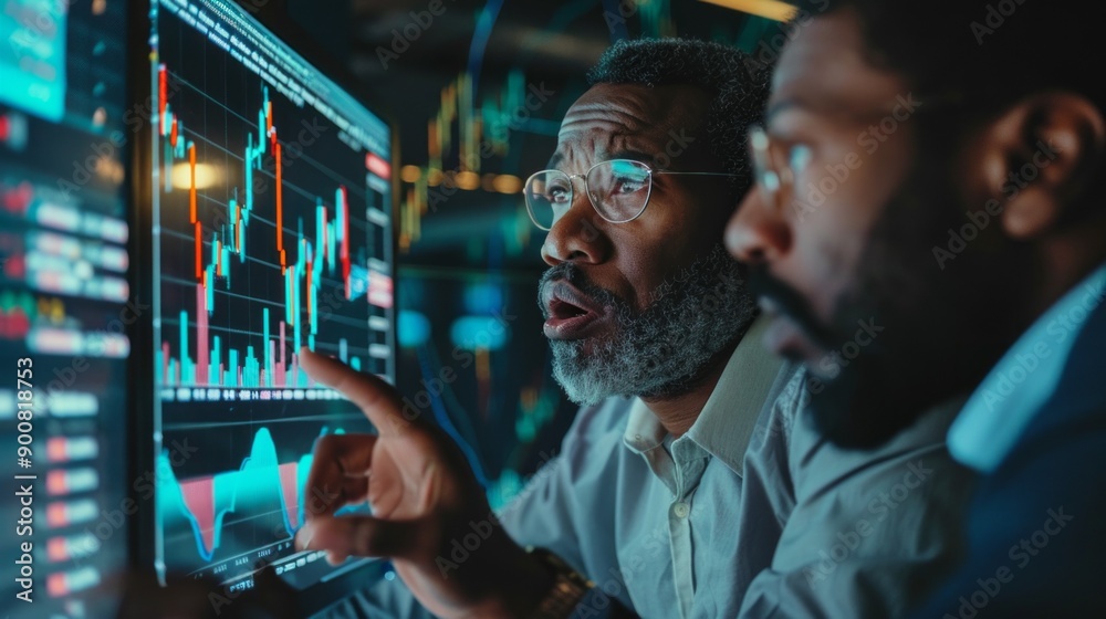 Poster Two men are looking at a computer screen with graphs