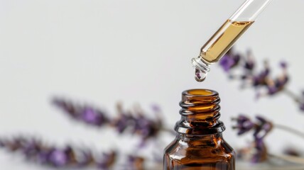 Essential oil dropper with lavender flowers in background