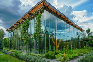 Fototapeta premium A contemporary glass building adorned with vertical greenery and set against a clear blue sky, portraying a synergy between modern architecture and nature.