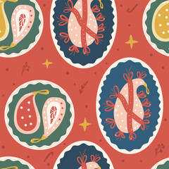 Christmas party seamless pattern. Christmas Glass baubles repeat background. Paisley shape toy retro holiday season surface pattern design. Vector hand drawn illustration.