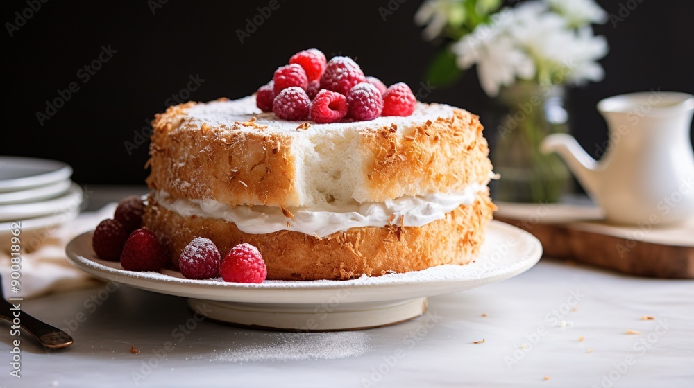 Sticker   A picture of a cake with white frosting and raspberries on a plate against a backdrop of a teapot and flowers