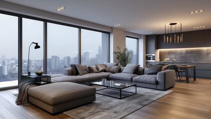Modern Living Room With City View