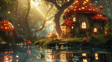 Naklejka premium An enchanting scene showcasing a charming mushroom house surrounded by a tranquil pond and forest, bathed in golden sunlight, creating a peaceful fairy tale setting.
