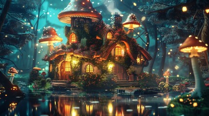 Obraz premium A mesmerizing scene depicting a magical house surrounded by glowing mushrooms in a dark forest, with light reflections on a nearby pond, creating an ethereal atmosphere.