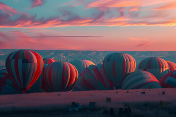 Hot air balloons preparing for flight at dawn, arranged in neat rows against the backdrop of a colorful sunrise sky