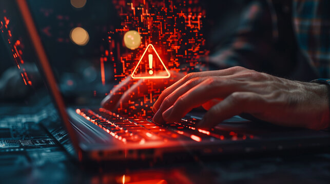 Hands type on a laptop illuminated by a red digital warning sign, depicting a scene of urgent cybersecurity action, highlighting the dramatic intensity of combating digital threats.