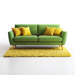 Vibrant Green Sofa With Yellow Pillows on a Soft Area Rug in a Bright Room. Generative AI