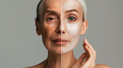 Before and after photo showing aging skin versus youthful skin, highlighting anti-aging effects