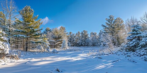 Tranquil Winter Wonderland Snow Covered Pines and Serene Sky