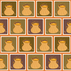 Cauldrons checked seamless pattern. Bento box Halloween repeat background. wizard tools retro stamps endless surface design. Vector hand drawn flat illustration.