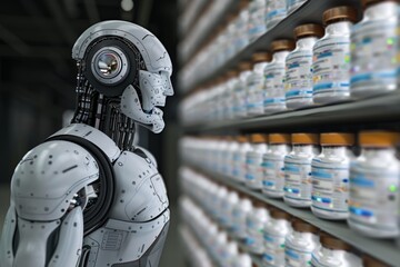 Fototapeta premium Robot in a warehouse surrounded by shelves symbolizing automation and logistics technology
