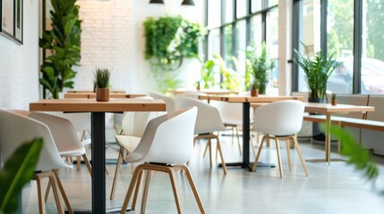 Fototapeta premium Charming cafe with modern decor, comfortable seating, and abundant greenery. A cozy atmosphere perfect for enjoying coffee and conversations with friends.