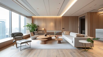 Fototapeta premium Sophisticated office lounge featuring luxurious furniture, wooden elements, soft lighting, and large windows offering a panoramic city skyline view, creating an elegant workspace.