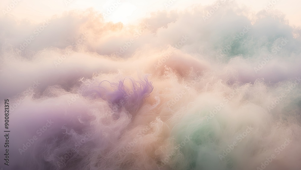 Poster Soft, colorful mist envelops a landscape at dawn, creating a tranquil and dreamy atmosphere