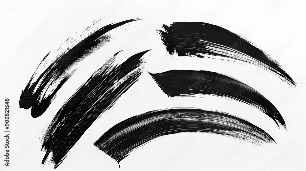 Poster a creative arrangement of black brush strokes on white space, emphasizing unique patterns and moveme