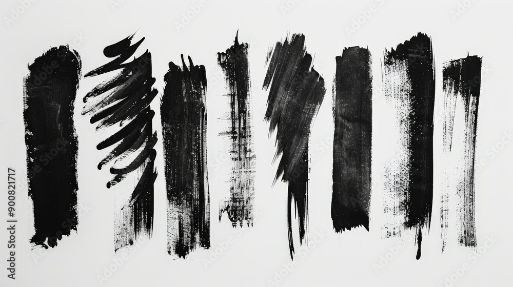 Aufkleber image featuring various abstract black brush strokes on a white background, showcasing different tex