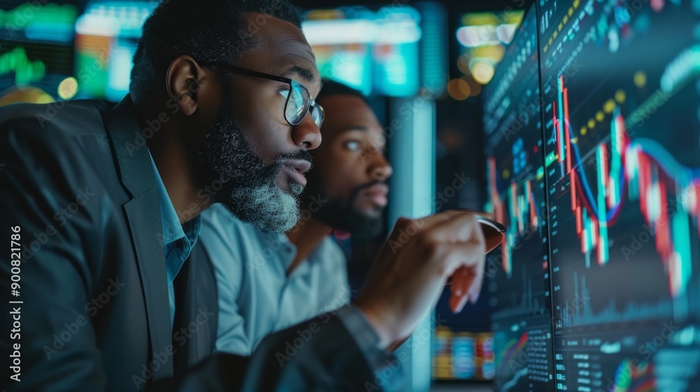 Poster Two men are looking at a computer screen with graphs and numbers