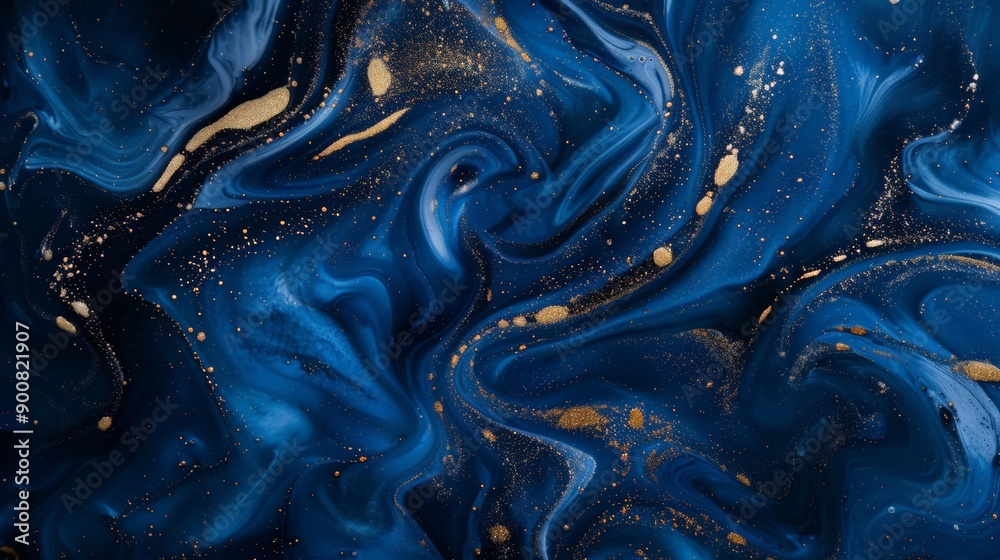 Poster a captivating abstract piece featuring fluid dark blue colors intertwined with splashes of gold pain