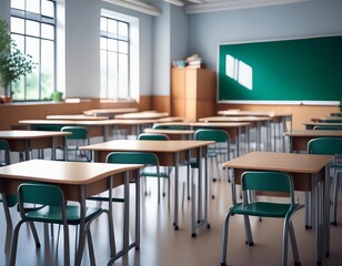 Shot of empty classroom with chairs under desks in elementary school School during vacation or holidays A teaching classroom without students during a term break or the end of semester