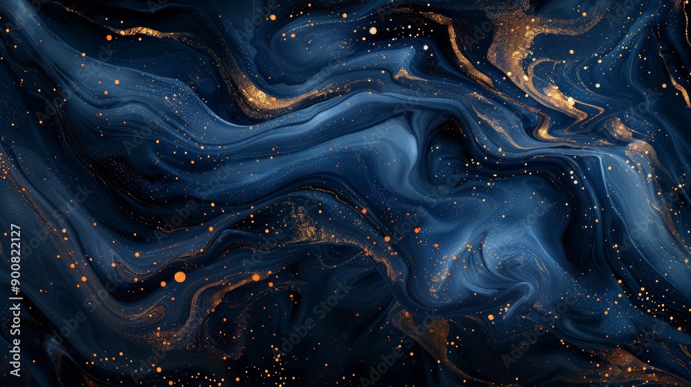 Poster this contemporary artwork captures dark blue hues adorned with gold speckles, offering a captivating