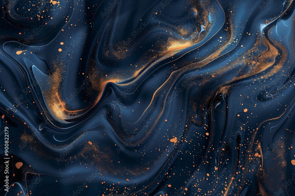 Poster This abstract artwork features a blend of dark blue and gold with fluidic patterns, reflecting a combination of modern elegance and creative sophistication.