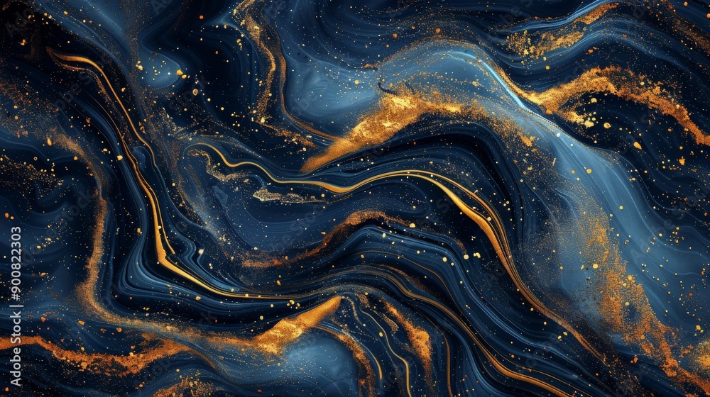 Poster this image displays beautifully fluid patterns of blue and gold with intricate swirls, creating an e