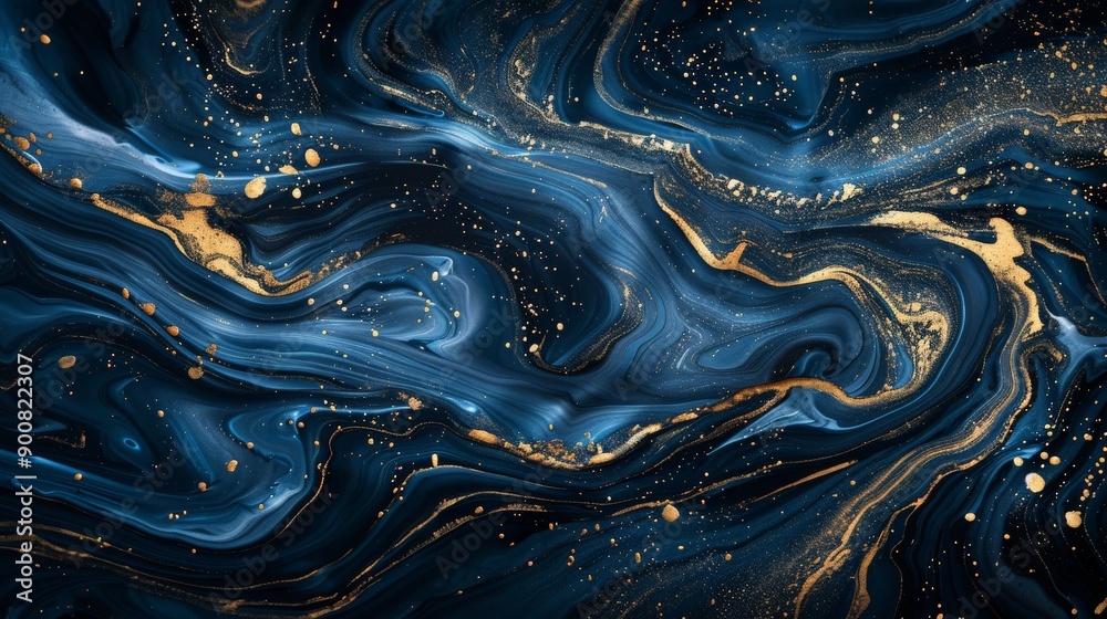 Leinwandbilder A striking abstract art piece featuring swirling blue and gold patterns, creating a sense of depth and movement that draws in the viewer and adds a touch of modern elegance.