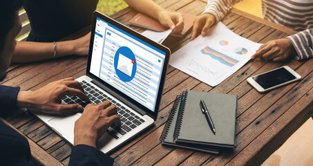 Email notification message showing on computer screen snugly. Digital marketing message information text from business to customer client