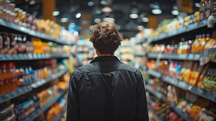 A man is standing in a grocery store browsing through the shelves