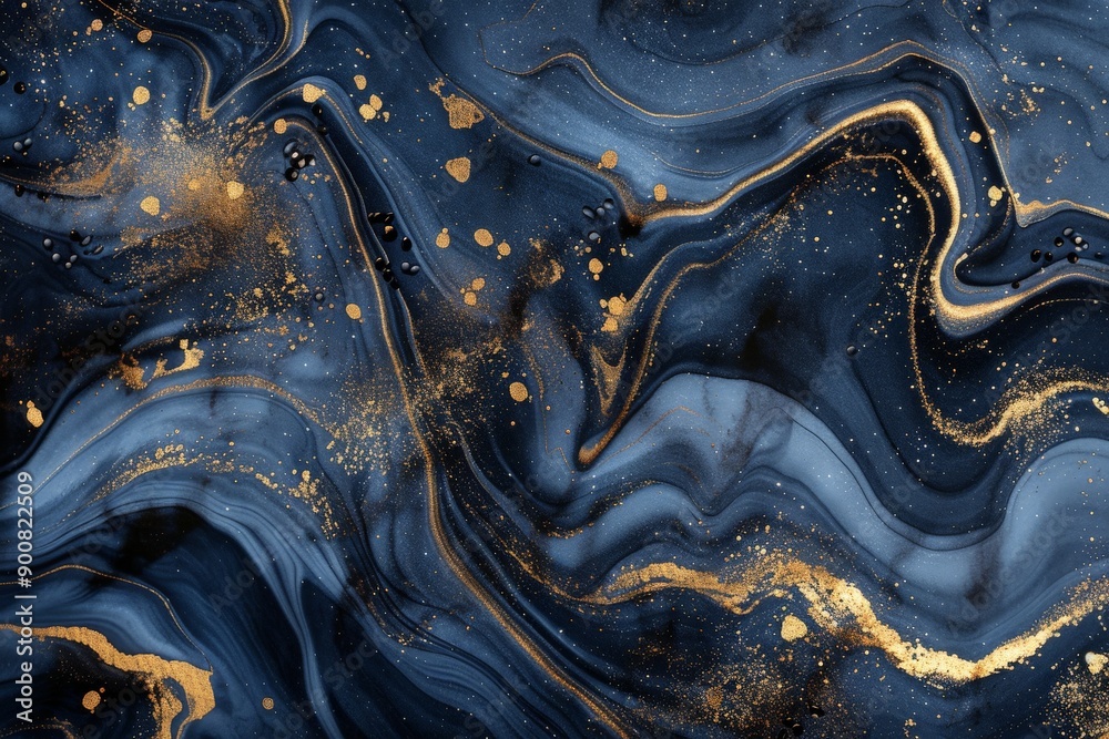 Poster an intriguing abstract artwork featuring dark blue and gold, with fluid patterns and splatters, evok