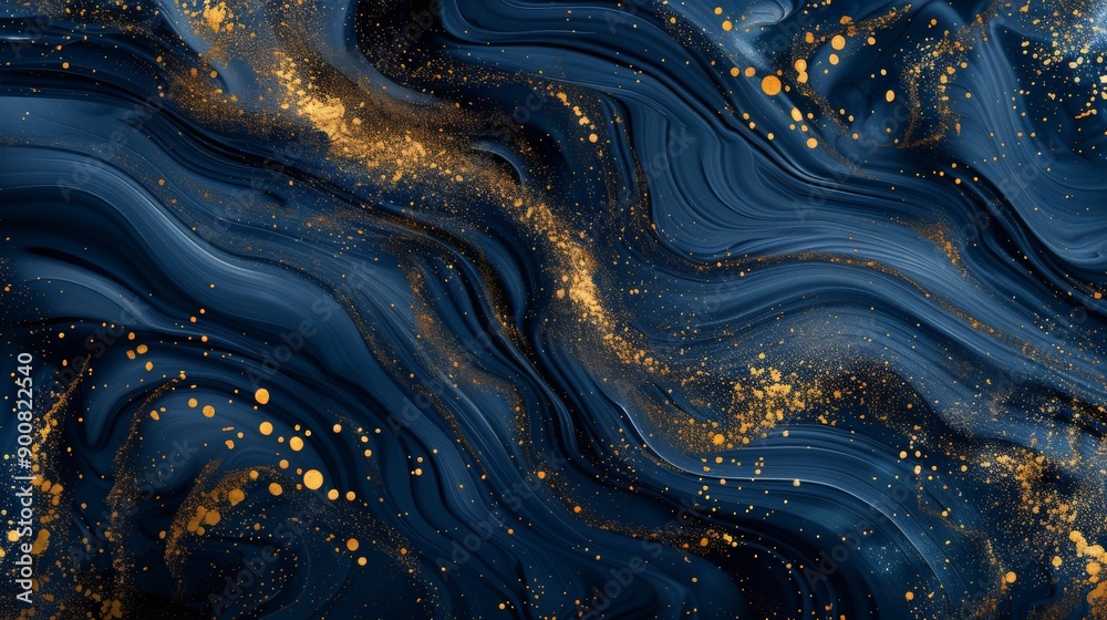 Poster a fluid style abstract piece with waves of dark blue and gold, featuring dynamic motions and strikin