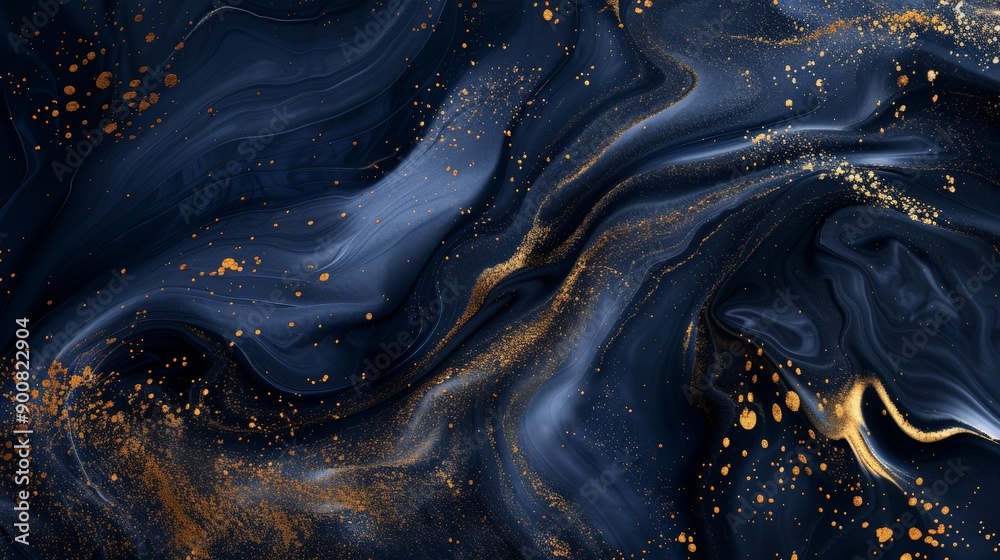 Poster a stylish abstract artwork with dark blue and gold flowing patterns, offering an elegant and modern 