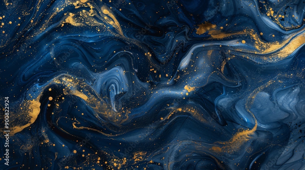 Poster an aesthetic representation of swirling dark blue colors, accentuated with golden highlights and spe