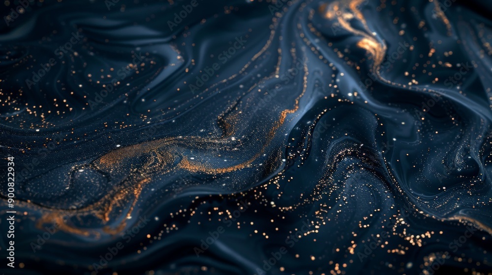 Poster A mesmerizing abstract composition featuring dark waves intertwined with golden highlights and specks sparkling across the surface, creating an elegant and dynamic visual effect.