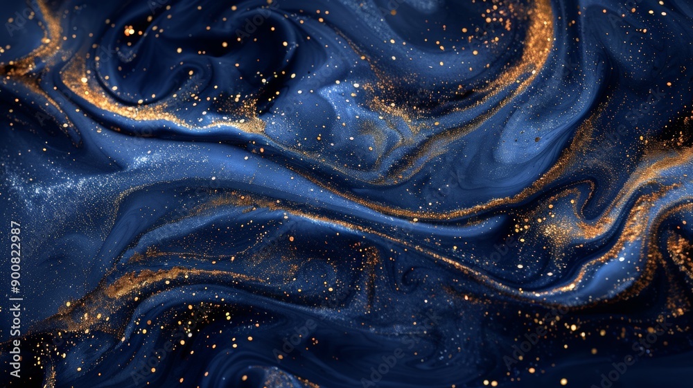 Aufkleber Intricate abstract design with graceful dark blue waves adorned with glittering gold elements, creating a stunning visual effect of depth and continuous motion, elegant and captivating.
