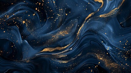 An abstract masterpiece featuring dark blue swirls intertwined with glittering gold specks, creating a mesmerizing visual effect with a sophisticated and elegant touch.