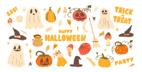 Halloween set. Pumpkins, ghosts, witch hats and others kit. Collection of autumn festive. Vector hand drawn illustration isolated on white background.