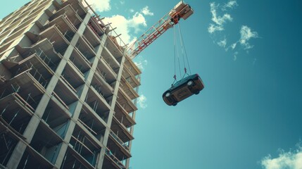Fototapeta premium Car crane with hooks Used to lift heavy weight. High rise in construction