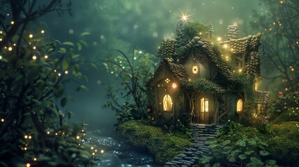 A whimsical house surrounded by glowing fireflies and lush foliage, exuding a mystical and enchanting atmosphere, nestled within a tranquil forest setting.
