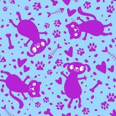 Naklejka premium Cartoon animals seamless cats and dogs and fish bones pattern for wrapping paper