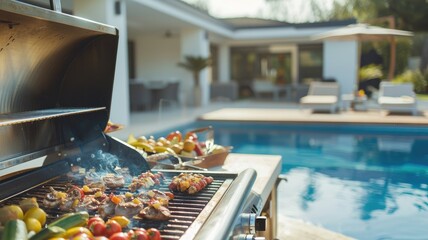 Grilling vegetables and meat by swimming pool on sunny day