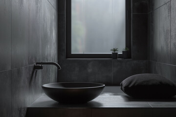 Minimalist bathroom featuring dark gray tiles, a black basin, and a window with a view, emphasizing simplicity and elegance