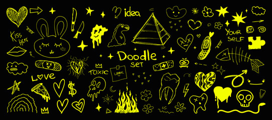 Teenage doodles on the theme - love, depression, problems. Children's drawings with interesting meanings. Emo concept. Elements drawn by hand, marker and pen, scribble lettering. Vector Emo Doodle Set