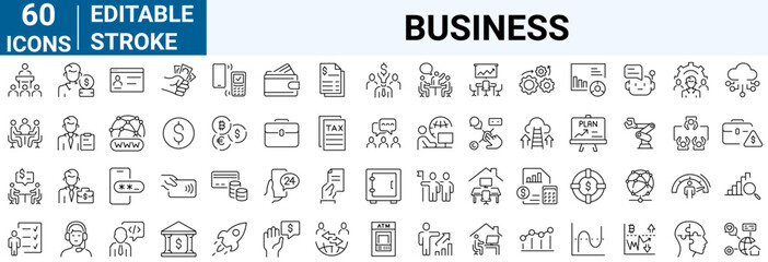 Business line icons. Team, business people, human resources, collaboration, research, meeting, partnership, support, businessman. Editable stroke. Vector illustration