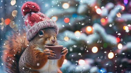 A cheerful cute squirrel in a knitted hat drinks cocoa