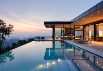 Fototapeta premium Modern House Pool At Dusk