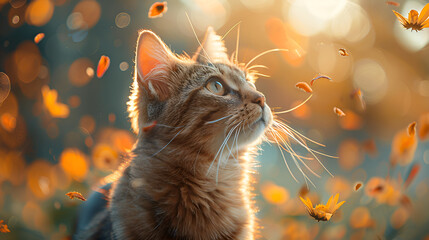 A cat gazing up at the sun in the background.
